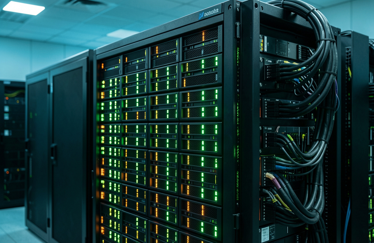 Monolithic storage array chassis with integrated drive bays and controller cabling in a data center rack