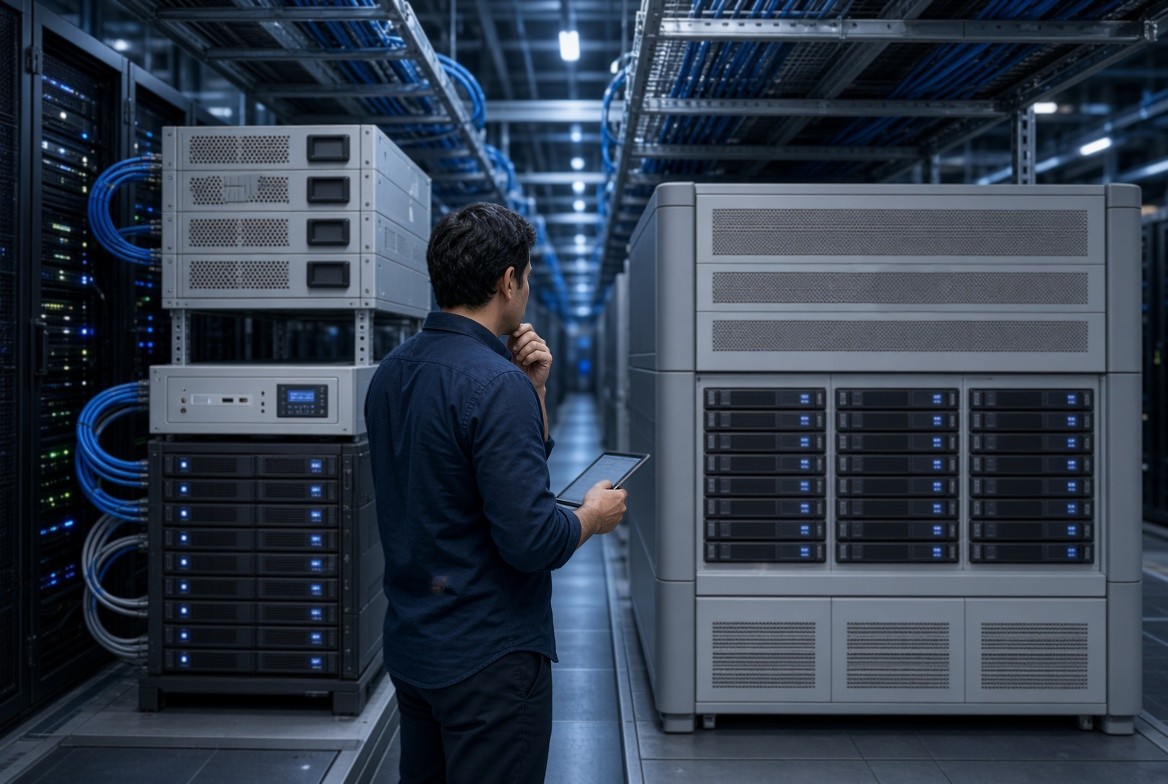IT professional comparing a modular storage shelf and a monolithic storage array in a data center aisle
