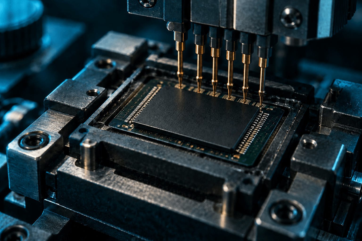 NAND flash memory chip mounted in professional chip-reading equipment for data recovery