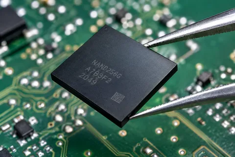 NAND flash memory chip held by precision tweezers above a circuit board during chip-off recovery