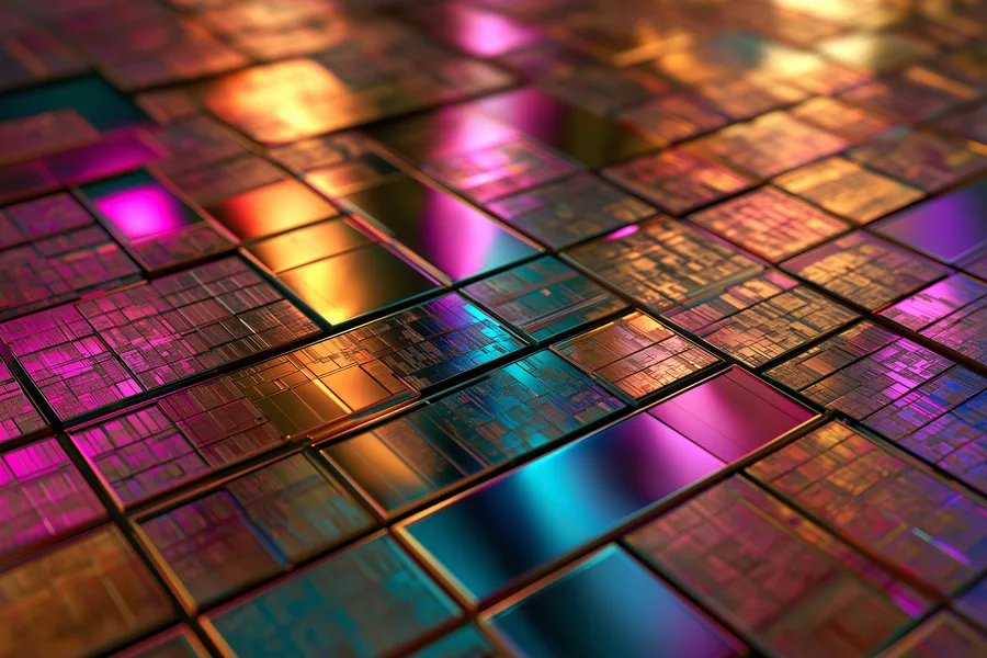 Magnified macro view of rows of NAND memory chip dies, the storage layer inside flash drives and SSDs alike