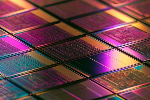 Flat grid of NAND wafer dies photographed at an angle, iridescent purple and gold reflections across the silicon
