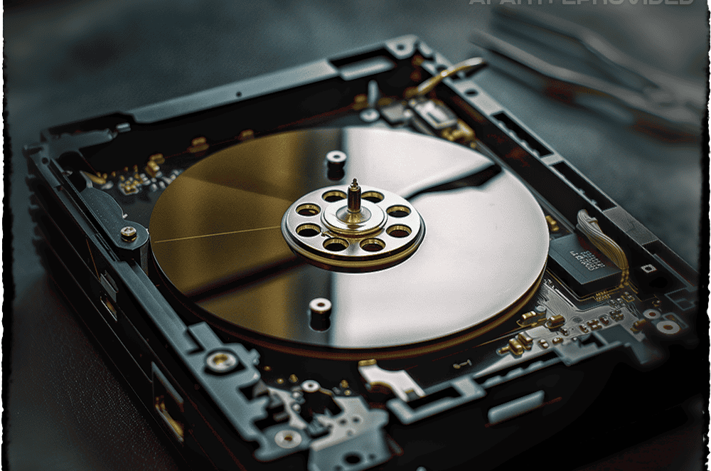 Open hard drive showing internal platters separate from the circuit board