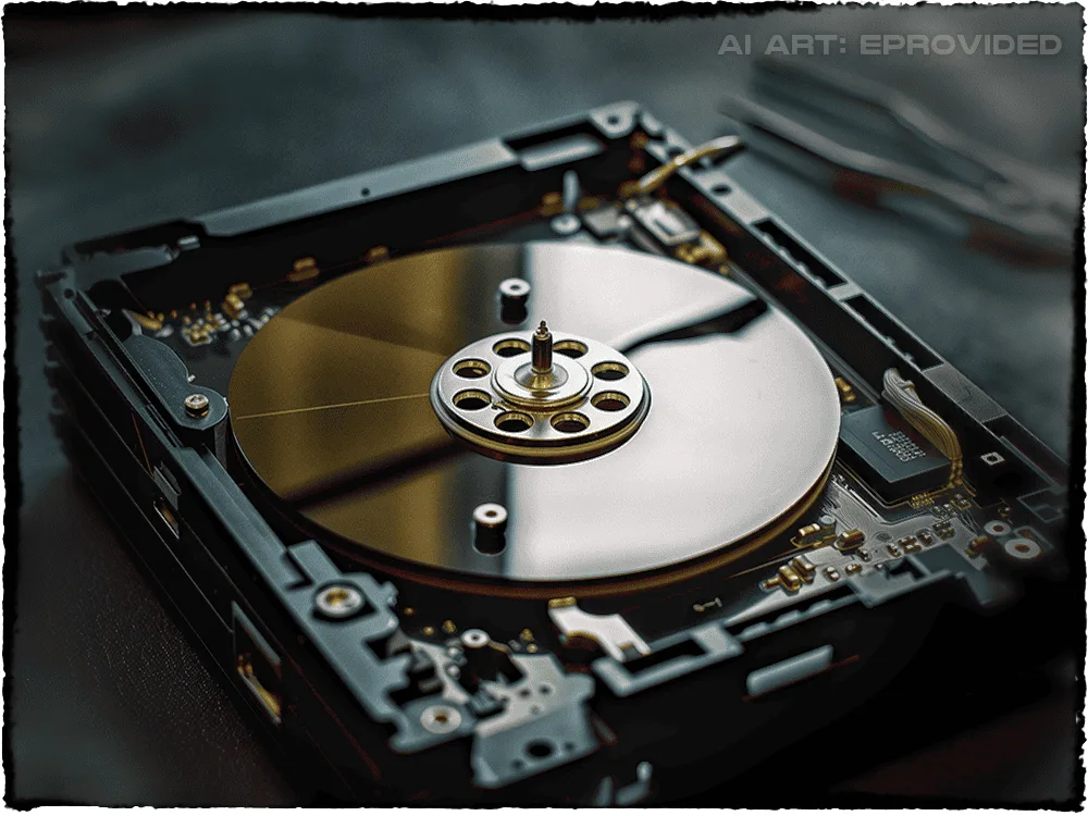 Internal view of opened hard disk drive showing platters, heads, and actuator in lab