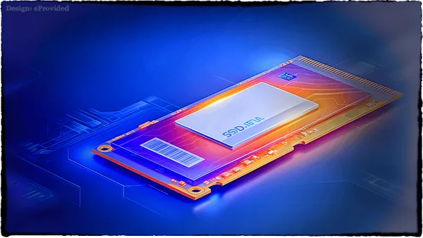 Illustration of a modern M.2 NVMe solid-state drive glowing over a circuit board