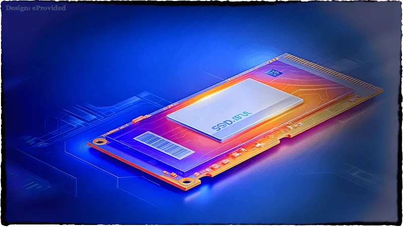 High-speed PCIe 7.0 SSD transferring massive data files with visual speed lines and terabyte icons in vibrant tech illustration