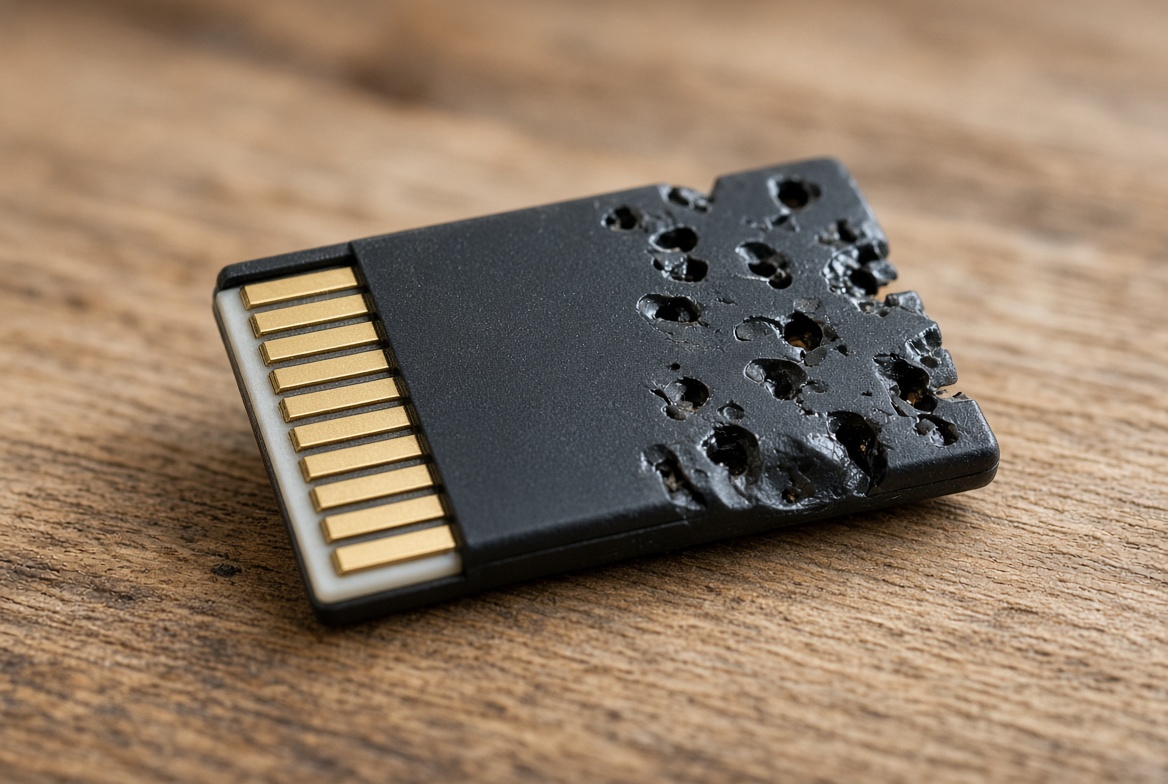 SD memory card chewed and damaged, showing why a single card is risky