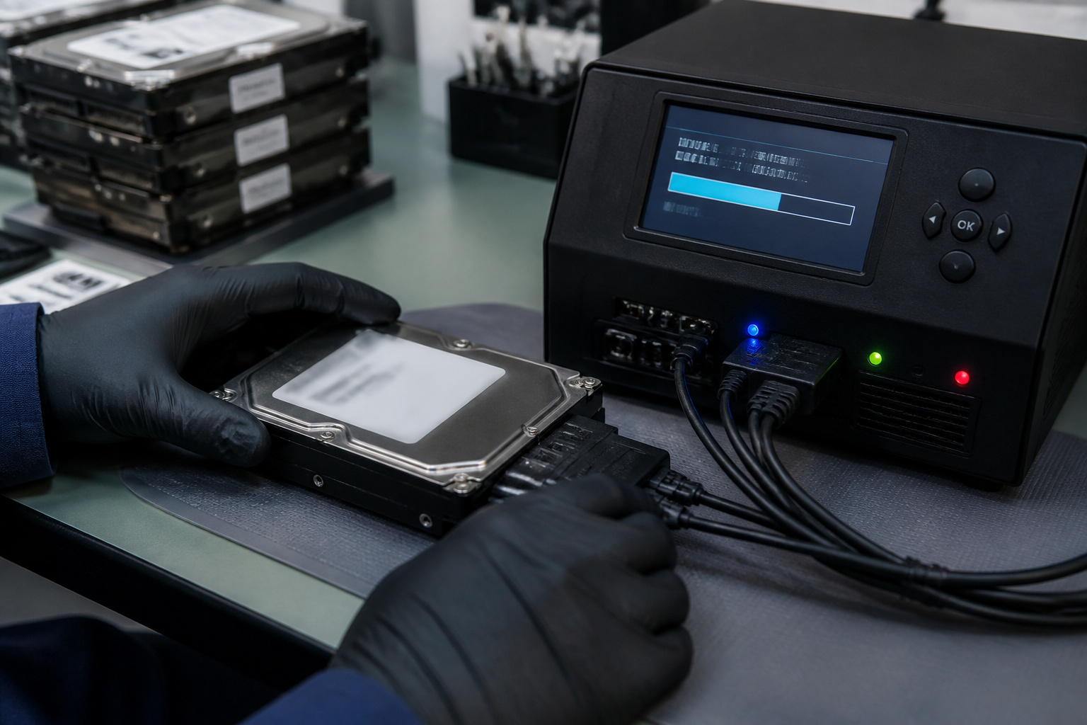 Data recovery specialist imaging a RAID array hard drive with a forensic imaging device