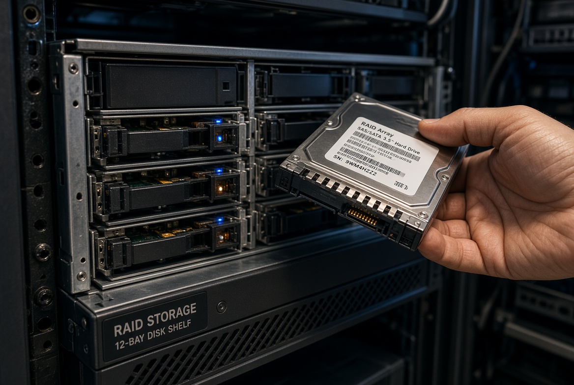 Hand removing a labeled RAID array hard drive from a 12-bay disk shelf
