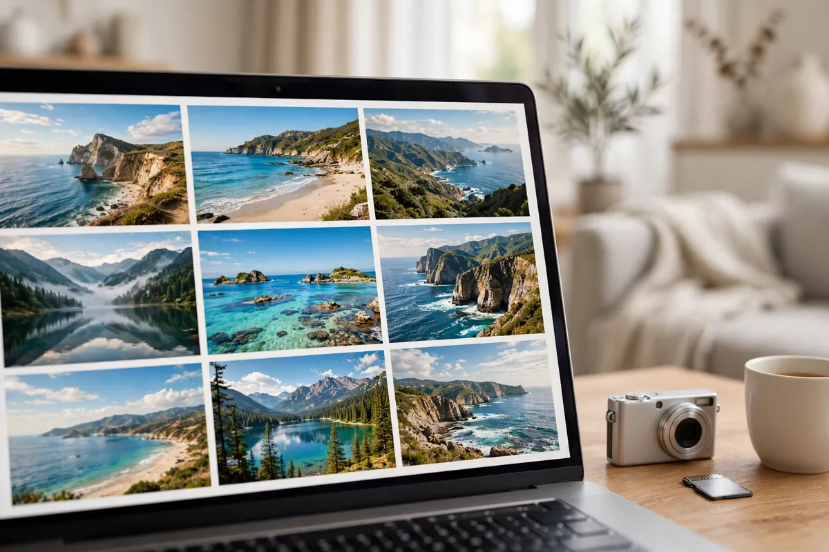 AI illustration of a laptop on a wooden table showing a grid of recovered travel photo thumbnails beside a camera and SD card