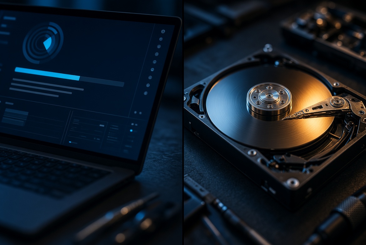 Comparison of consumer recovery software scanning a drive versus an opened hard drive on a lab bench