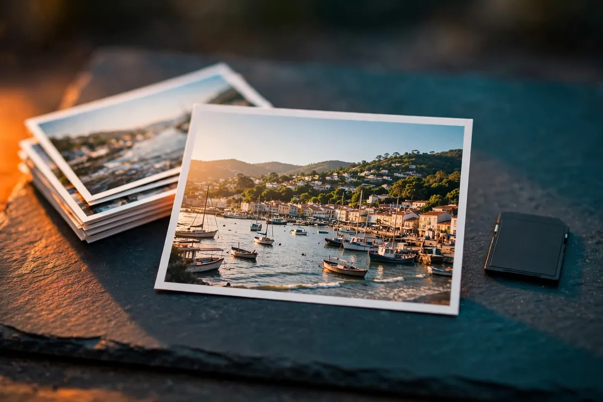 AI illustration of a repaired harbour-town photo beside travel prints and an SD card on a lab mat