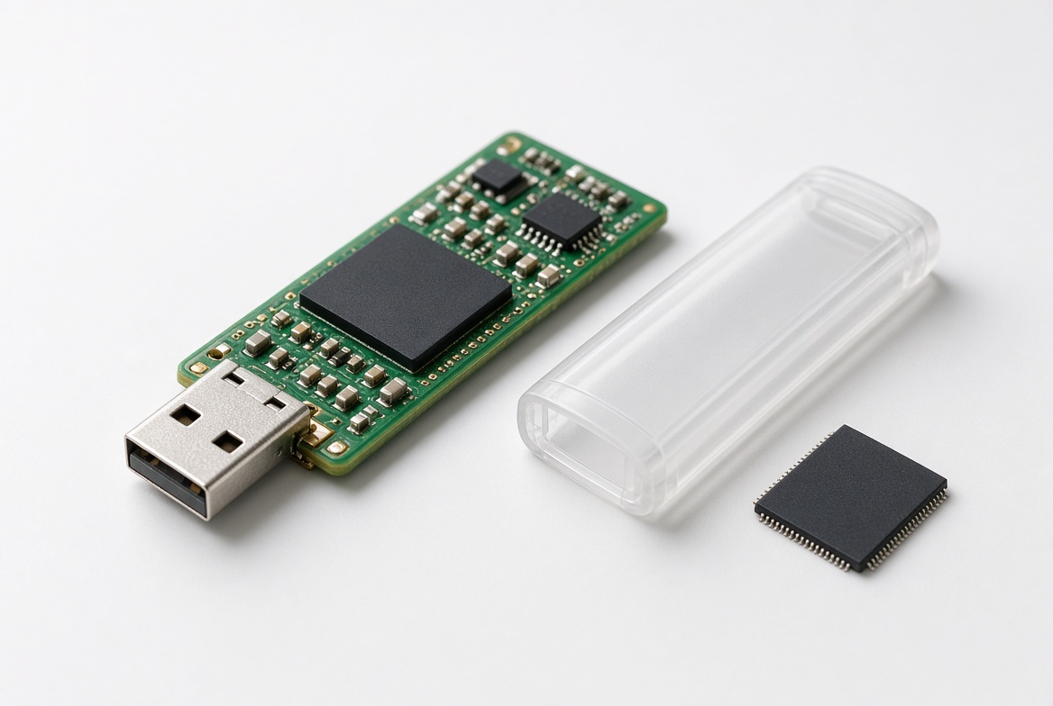 A disassembled SanDisk USB flash drive with the case removed, showing the circuit board and NAND chip