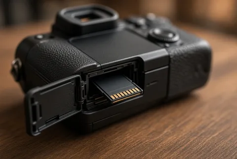 Mirrorless camera recording 4K video with a high-speed SD card inserted in its card slot