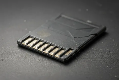 Extreme macro photo of an SD memory card's gold contact pins
