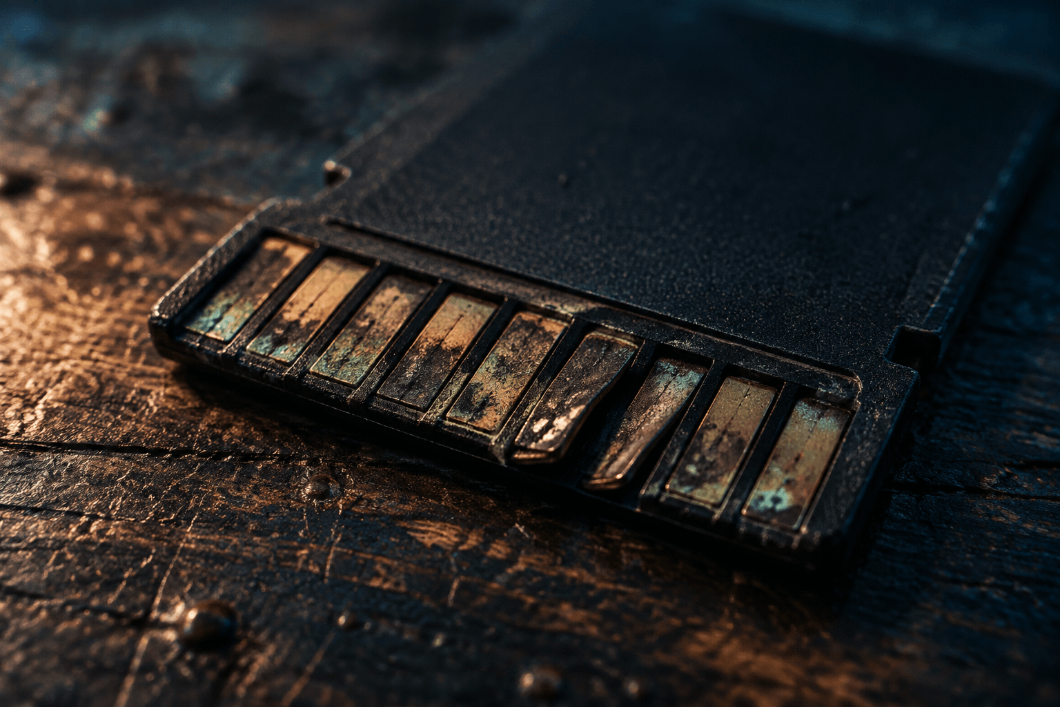 Close-up of an SD card with corroded and bent gold contact pins
