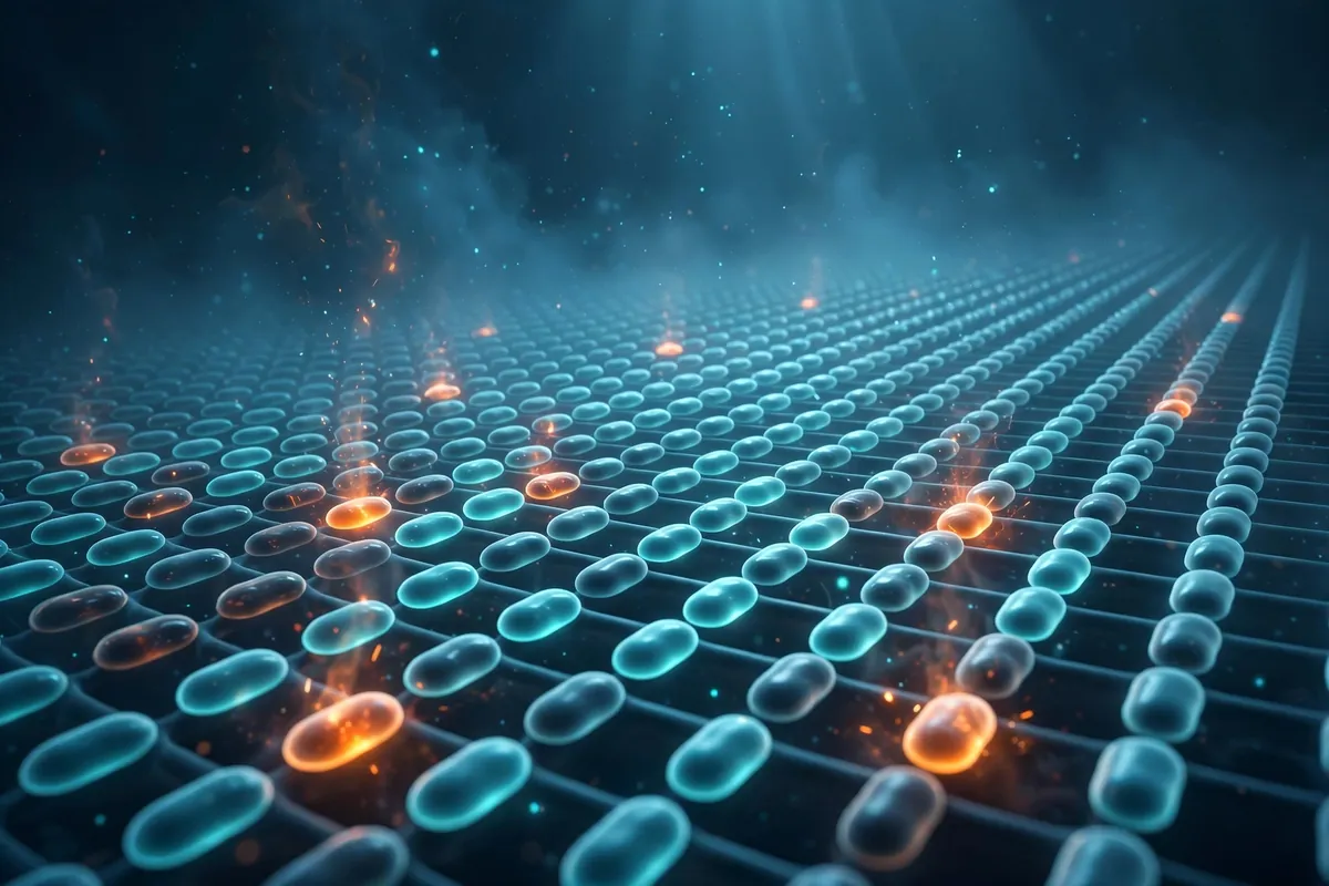 AI illustration of a grid of glowing flash memory cells with a few cells dimming as they leak charge