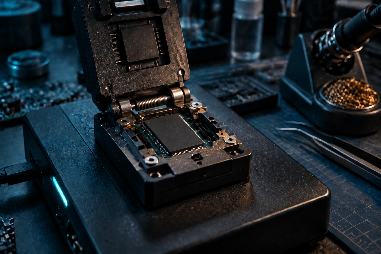 SD card recovery lab workbench with chip-reading equipment