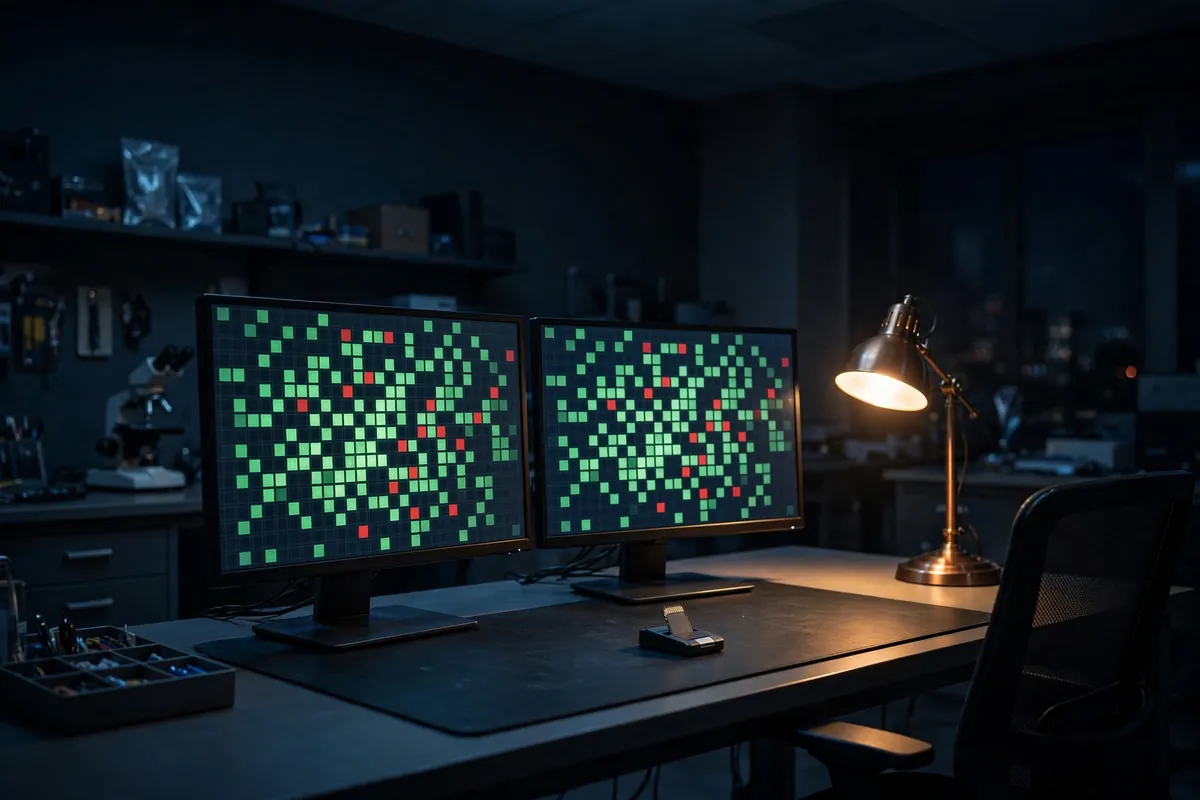 AI illustration of a dim recovery lab at night with a workstation showing a grid of green and red squares