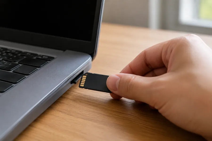AI-generated illustration of a hand pulling an SD card out of a laptop card reader slot on a wooden desk