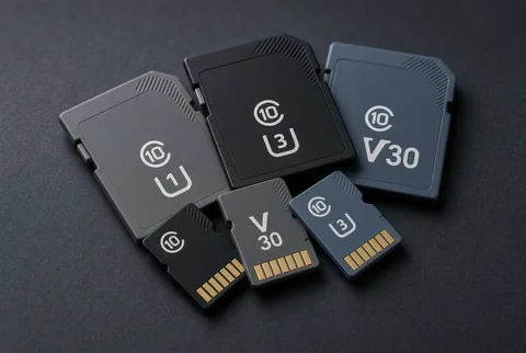 Assortment of SD and microSD memory cards showing different printed speed class and rating symbols