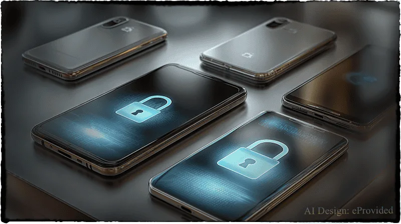 Different Smartphones on Desk Showing Lock Screen