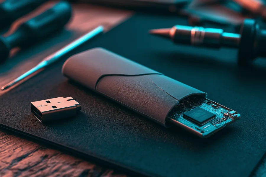 A USB flash drive with a cracked plastic casing and the metal connector fully detached from the circuit board, an example of the physical damage that causes a flash drive to stop being detected