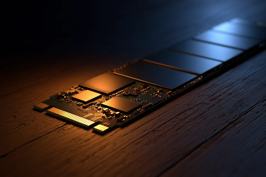 SSD circuit board with NAND chips and controller on a recovery lab workbench