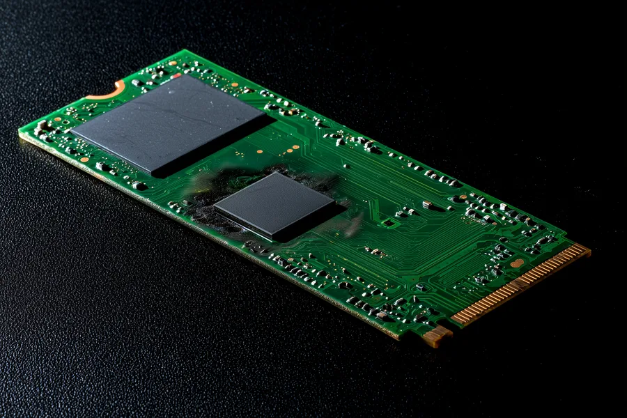 Close-up of a burned SSD controller chip on a scorched circuit board