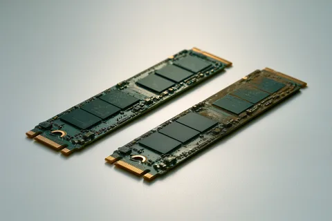 Two M.2 SSD circuit boards shown together, one clean and newer-looking, the other showing brownish oxidation and tarnish on its chips and connector pins from years of use