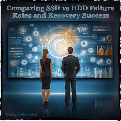 Infographic comparing SSD vs HDD failure rates and data recovery success with clean charts and icons