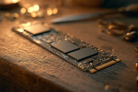 Macro photograph of a clean, well-kept M.2 SSD circuit board resting on a wooden data recovery workbench under warm lighting