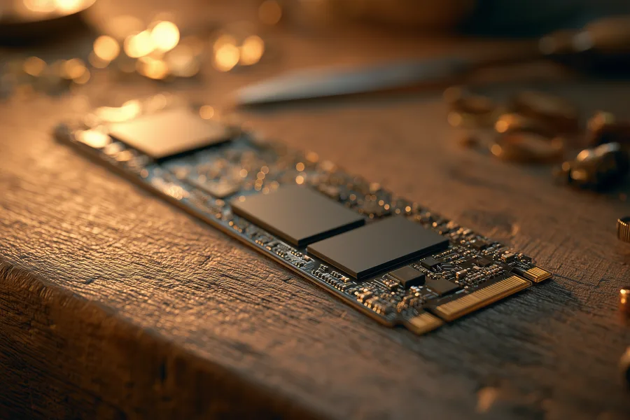 SSD on a data recovery lab workbench during controller and endurance diagnostics
