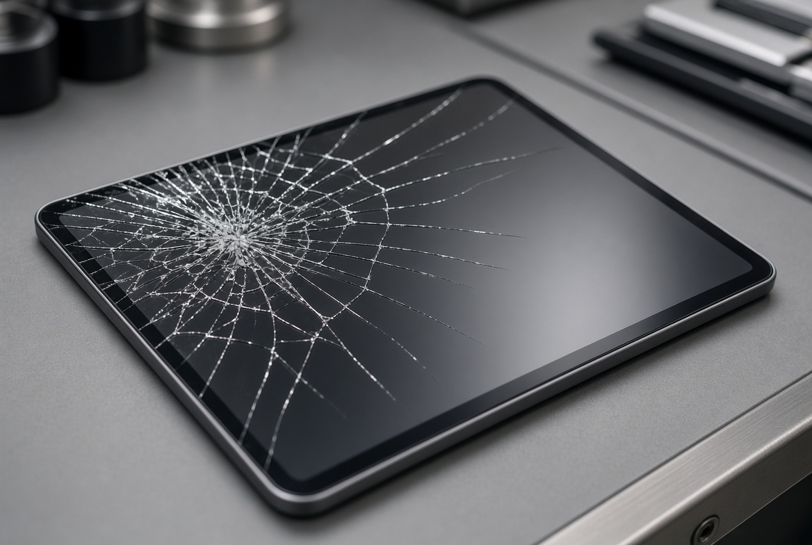 Tablet with a severely shattered and cracked screen