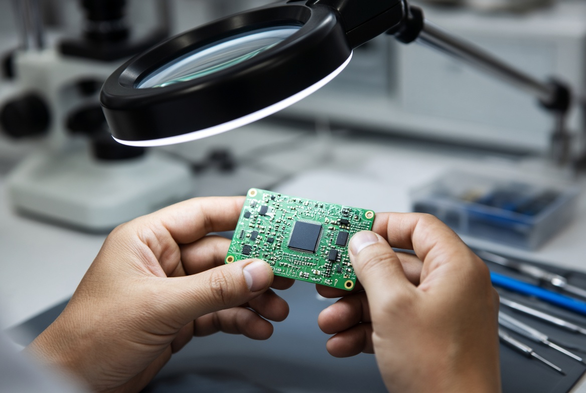 Recovery technician inspecting a flash storage circuit board under a lab magnifier lamp