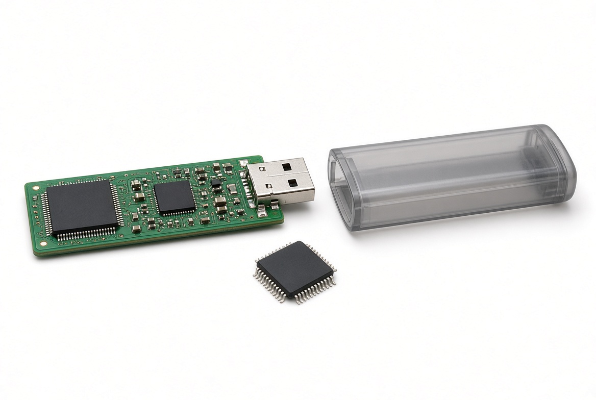 A USB flash drive circuit board with the NAND memory chip and controller chip visible, next to its case