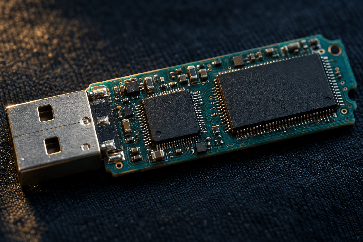 A USB flash drive circuit board with the plastic case removed, showing the NAND memory chip and the smaller controller chip beside it