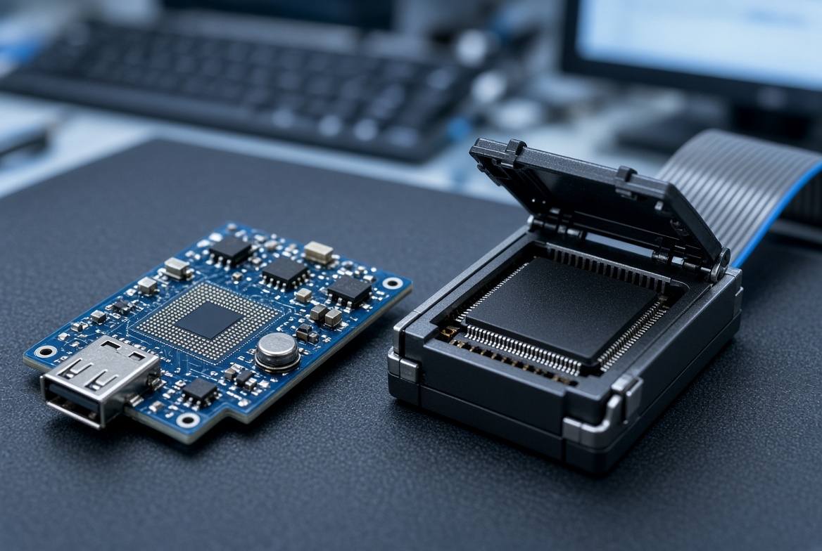 A USB flash drive's NAND chip mounted in a chip-off reader adapter for direct data recovery