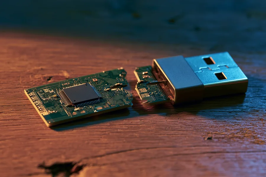 A USB flash drive circuit board on a data recovery lab bench being inspected for a physical failure