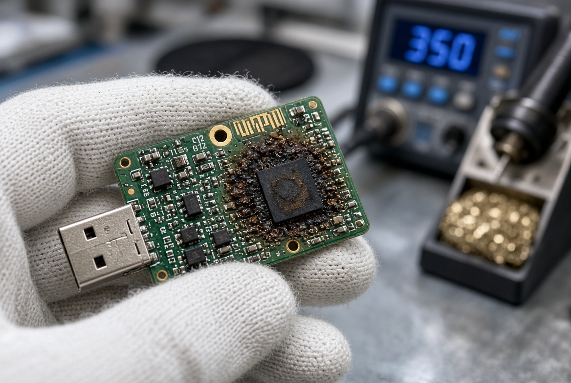 Close-up of a USB flash drive circuit board with visible scorch and burn damage around one chip, held by a gloved technician