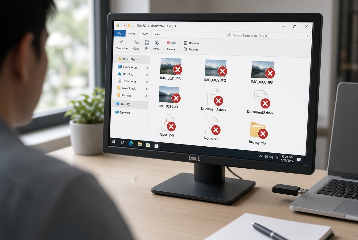 Computer screen showing a folder of files with red error icons over photos and documents that will not open