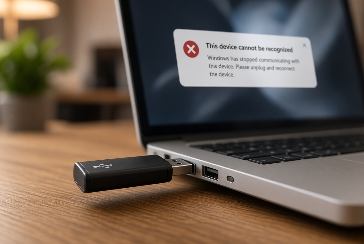 USB flash drive plugged into a laptop with a Windows 'This device cannot be recognized' error notification on screen