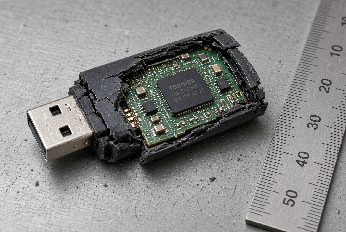 Snapped USB flash drive with cracked plastic casing exposing the internal circuit board and NAND chip next to a metal ruler