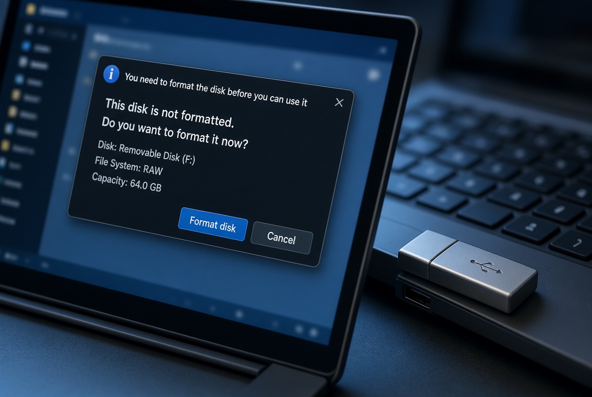 Laptop screen showing a Windows dialog reading 'You need to format the disk before you can use it' with a USB flash drive plugged in